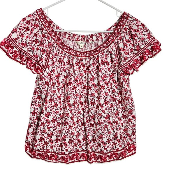 Max Max Studio London Red Floral Boho Peasant Top Size Small on off shoulder - Picture 6 of 6